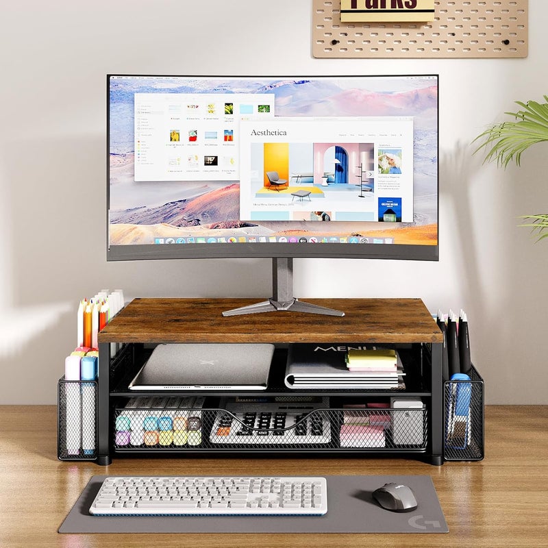 OPNICE Wood Desk Organizers and Accessories, 2-Tier Computer Monitor Stand Riser with Drawer and 2 Pen Holders, Laptop Stand, Office Desk Accessories for Office Supplies, Brown - Image 2